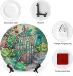Garden Scenery Theme Decorative Ceramic Plate Round Porcelain Plate,Succulents and Bird Cage Pattern,for Decorative Ornaments Giving Plates, 1 Plate with 1 Display Stand,Green,10 inch