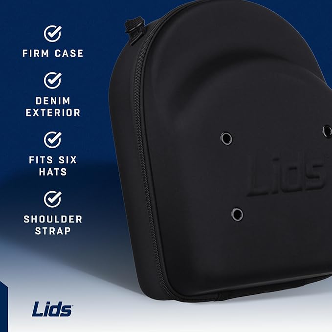 Lids Hat Travel Case – Baseball Cap Carrier for 6 Hats, Durable Black Exterior with Grey Interior, Storage with Handle & Adjustable Shoulder Strap, Hard Hat Organizer for Travel & Closet