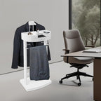 Clothing Valet Stand, Wood Suit Rack with Drawer & Compartment, Freestanding Valet Stand for Women and Man, 17"x12"x44" Suit Stand for Home Hotel Office (White)