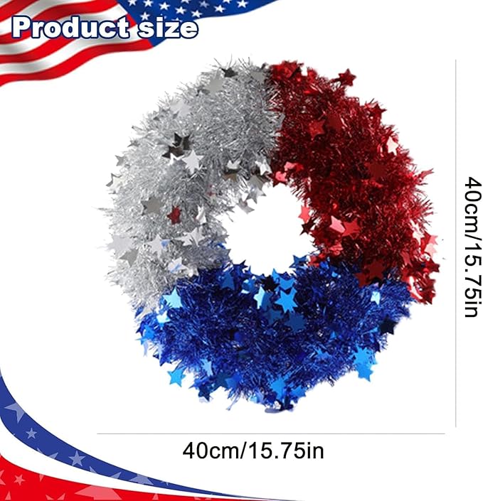 Patriotic Wreath for Front Door Red White Blue Wreath 4th of July Wreaths for Door Wall Memorial Day Decor Independence Day Hanging Decoration for Outside Home Farmhouse Holiday (Shiny B)