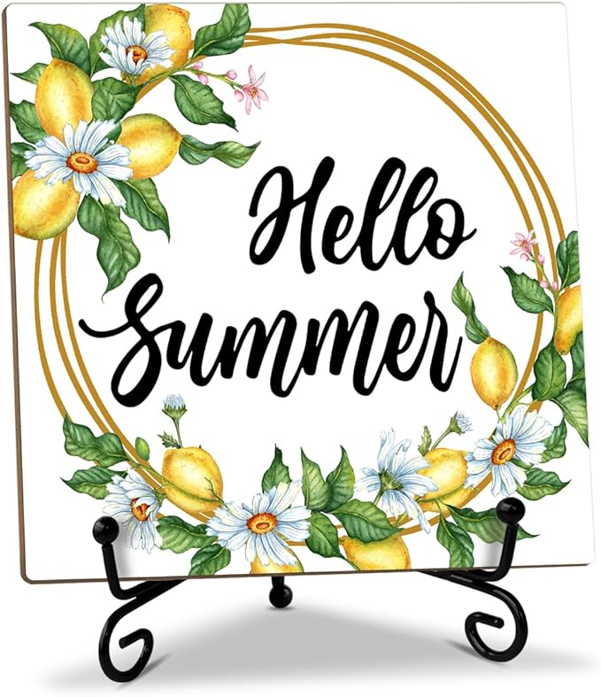 Lemon Daisy Wooden Sign Desk Decor - Hello Summer Wood Plaque with Support Stand, Summer Gifts for Women Men, Home Kitchen Office Farmhouse Shelf Desk Decor Accessories
