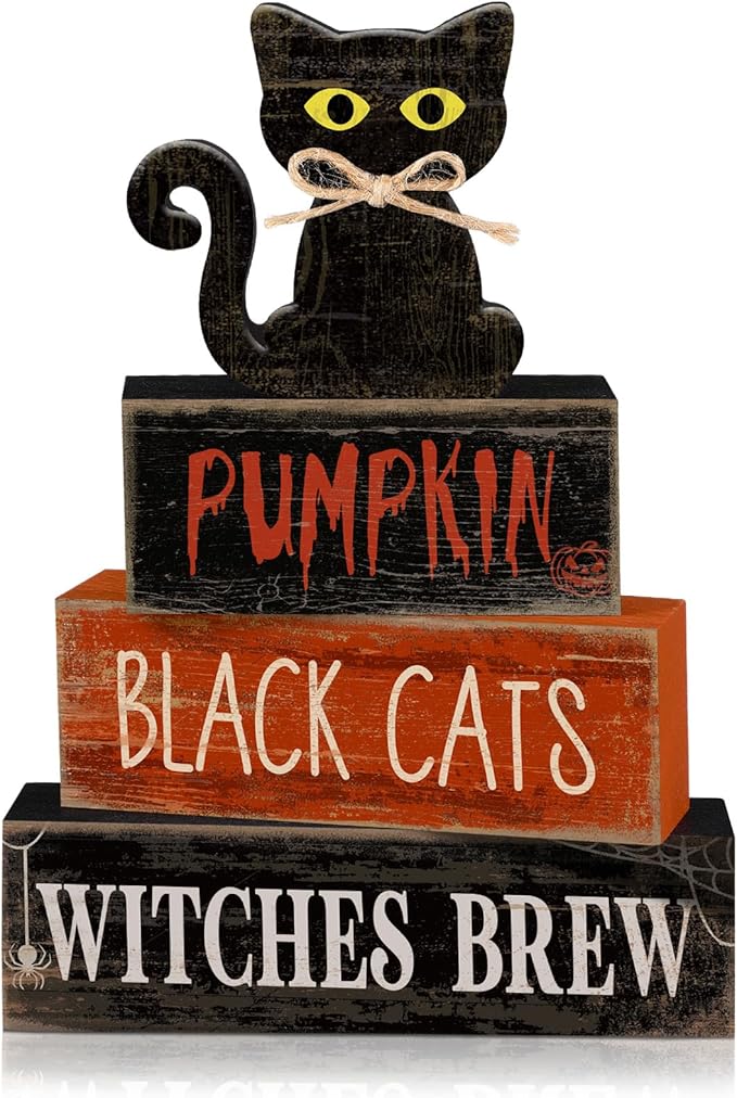 Lineshading 4 Pcs Halloween Table Decoration Black Cat Wooden Stacked Block, "Pumpkin Black Cats Witches Brew" Signs Spooky Halloween Tiered Tray Decor Rustic Gothic Centerpiece for Home Coffee Bar