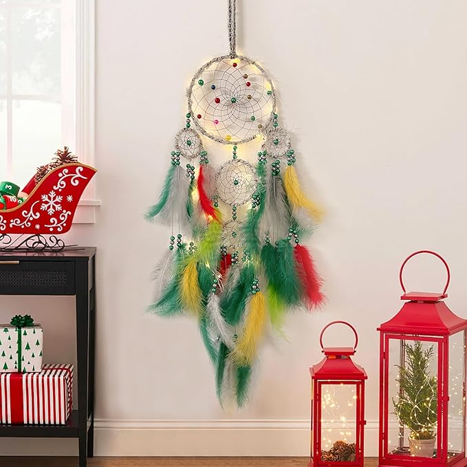 Christmas Rings Dream Catcher with Lights Handmade Christmas Dreamcatcher Hanging Decoration Home Wall Decoration Craft Ornament