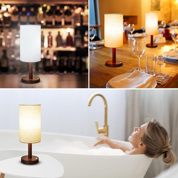 LALISU Small Table Lamp Nightstand Lamp Linen Lampshade Bedroom Wood Base Small Bedside Lamp for Night Stands, Desk Lamps for Reading Living Room, Office (LED Bulb Included) (Walnut Wood Cordless(2))