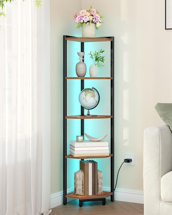 Hzuaneri Corner Shelf with LED Light, 5-Tier Corner Bookshelf, Tall Narrow Display Bookcase with Metal Frame, Standing Shelf for Small Space, Living Room, Home Office, Bedroom, Rustic Brown CS66501B