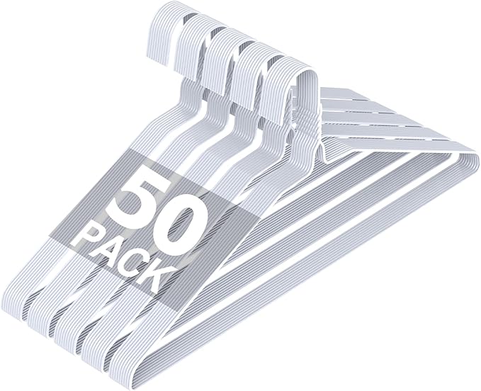 SPECILITE Wire Metal Clothes Hangers Bulk 50 Pack for Standard Size Suits, Coats, Shirts, Pants, Skirts, Space Saving, Non Slip,16 Inch 12 Gauge Ultra Thin, White