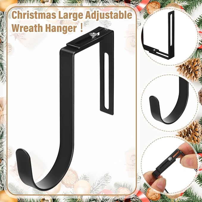 LEIFIDE 4 Pcs Width Adjustable Wreath Hanger for Front Door 1.5-3.78" Large Over the Door 4th of July Decoration Hook 20 Lbs Capacity(Black)