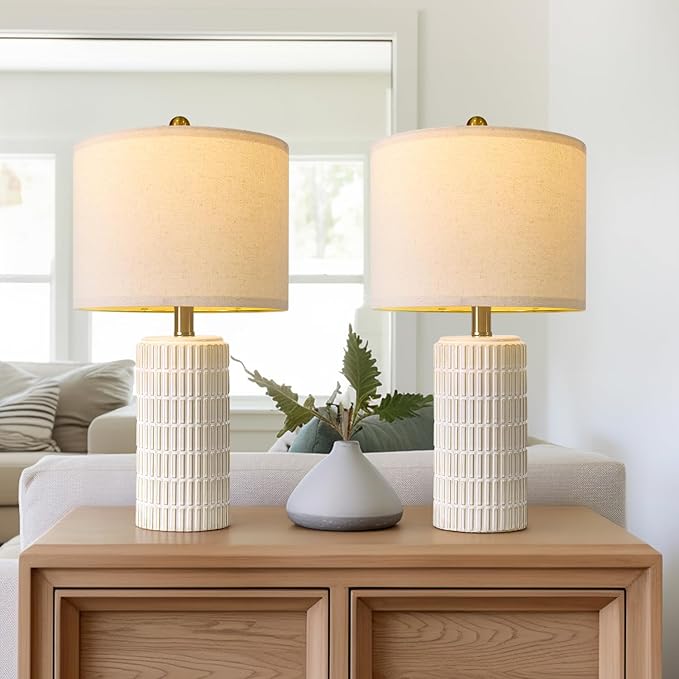 PoKat 20.75" Small Modern Ceramic Table Lamps Set of 2 for Bedroom, White Bedside Lamps for Night Stands, Farmhouse Desk Home Decor Gift Nightstand Table Lamps for Living Room End Table Beige