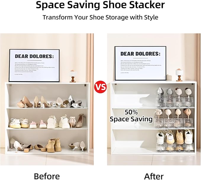 Shoe Slots Organizer，12Pack Clear Shoe Stackers for a Pair of Shoes,Adjustable Shoe Rack with Three Levels，Shoe Storage Shoe Space Saver