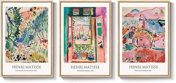 Framed Vintage Matisse Wall Art, Large Set of 3 Piece Colorful Canvas Artwork for Walls, Matisse Retro Landscape Paintings Prints Pictures for Living Room Bedroom Hallway Office Wall Decor 16x24
