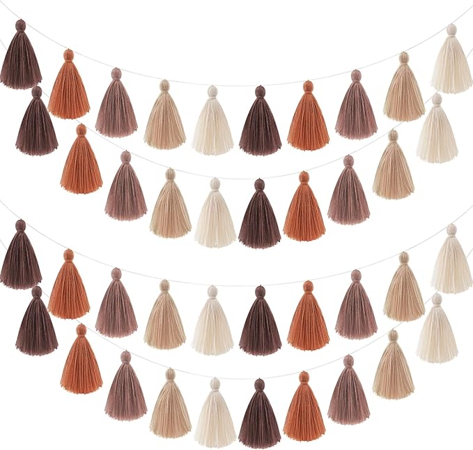 WILLBOND 4 Pieces Valentine's Day Tassel Garland for Classroom Wall Decor Boho Pastel Garland Cotton Tassel Banners for Party School(3.1 Inch,Brown Colors)