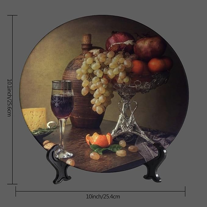 Decorative Plate Holder, 10 Inch, Cheese Grape Pomegranate Orange Garnish Round Display Plate, Decorative Plates with Stand, for Wall Hanging Living Room Bathroom Decor Gift