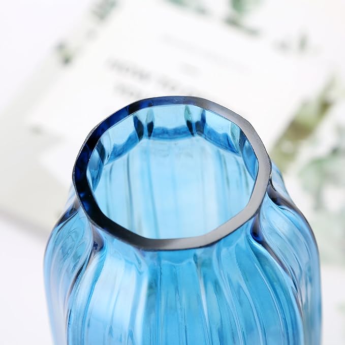 Blue Glass Vase for Flowers Bud Tall Glass Vases,H-8.0" Simple Striped Design for Home Floor Decor,Farmhouse Decor, Centerpiece Coffee Table Decorations (Blue 8.0IN)