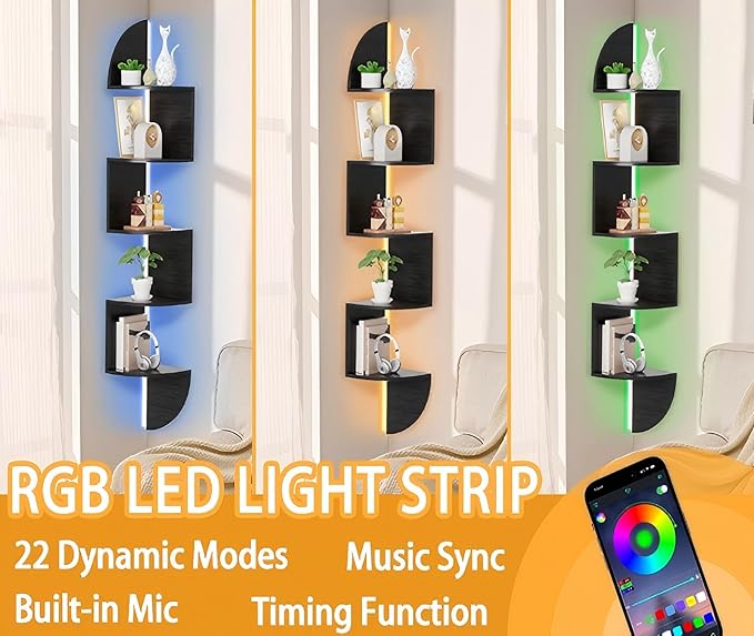 Waipfaru Corner Shelf, 5 Tier Bookshelf with LED Light, Corner Shelf Wall Mounted, Floating Shelves for Wall, Display Stand for Bedroom, Living Room, Bathroom, Home, Office, Black