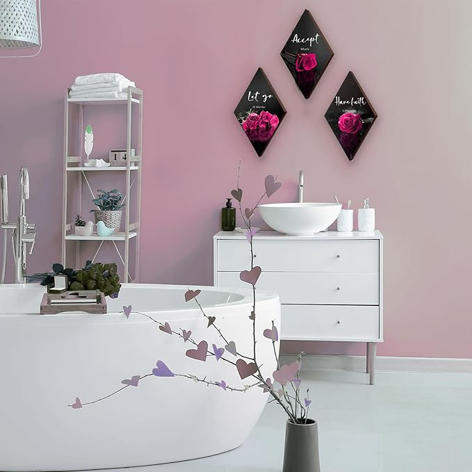 3 Pcs Pink Wall Decor Pink Rose Bathroom Decor Farmhouse Bedroom decor Inspirational Wood Office Wall Art with Accept Let Go Have Faith Sign for Girl Women Living Room Bedroom(12x7 Inch)