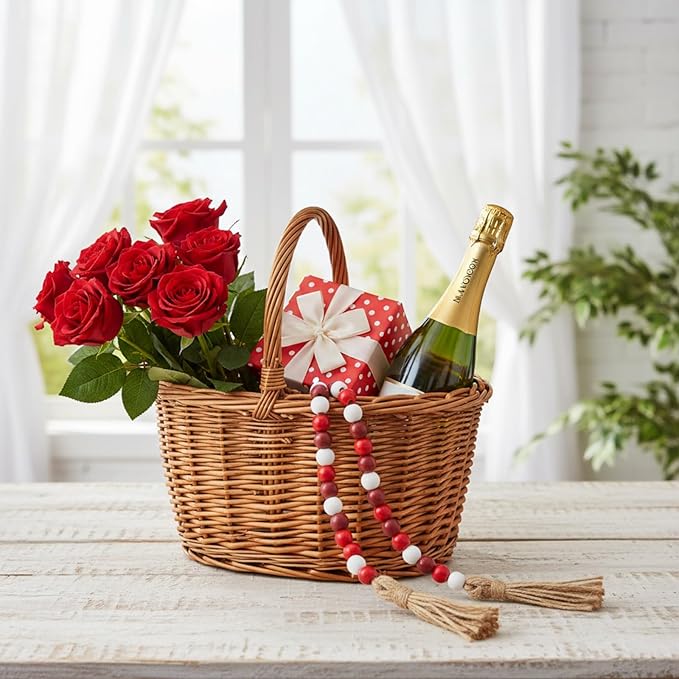 Equsion Seasonal Wooden Bead Garland with Tassels, 3.3 ft Holiday Vintage Boho Bead Garland Easter Tray Decoration, Vase Wall Room Art Birthday Party Decoration(Burgundy, Red, White)