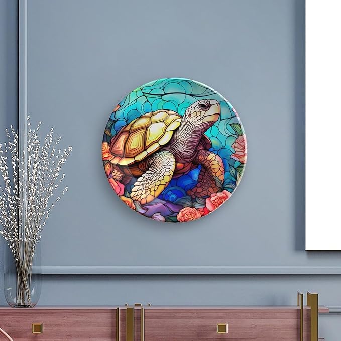Decorative Plates, Sea Turtle Stained Glass Print Display Plate for Home Office Kitchen Table Decor Porcelain Plates 7 Inch, Gifts for Turtle Lovers