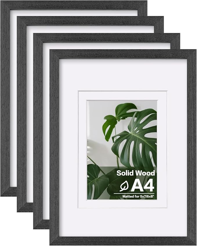 Egofine A4 Picture Frames Set of 4, Made of Solid Wood Covered by Plexiglass 5x7 and 6x8 with Mat or A4 without Mat, for Table Top Display and Wall Mounting Photo Frame Rustic Black