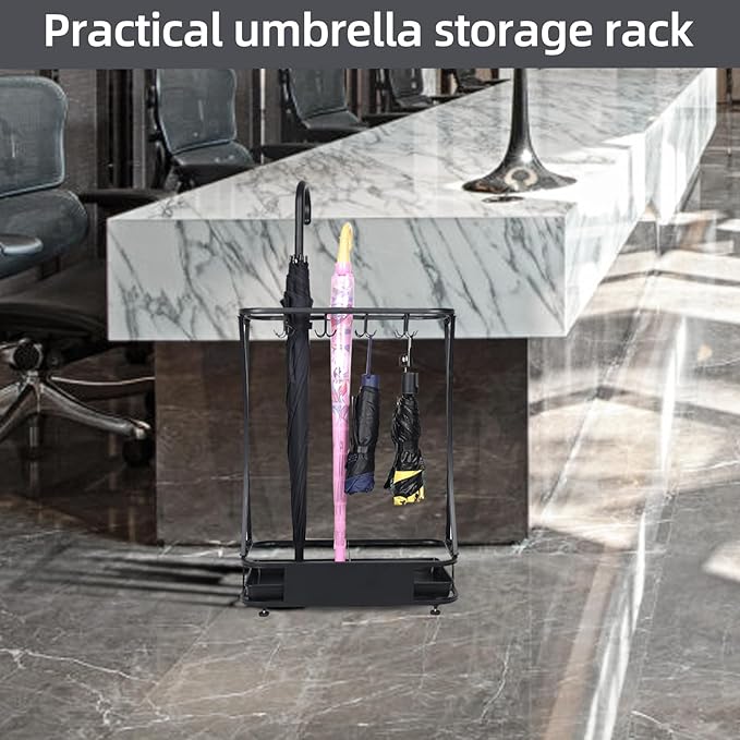 15 Slot Umbrella Stand with 8 Hooks – Heavy Duty Metal Indoor Umbrella Rack Holder with Removable Drip Tray – Large Commercial Entryway Organizer for Office, Lobby or Home