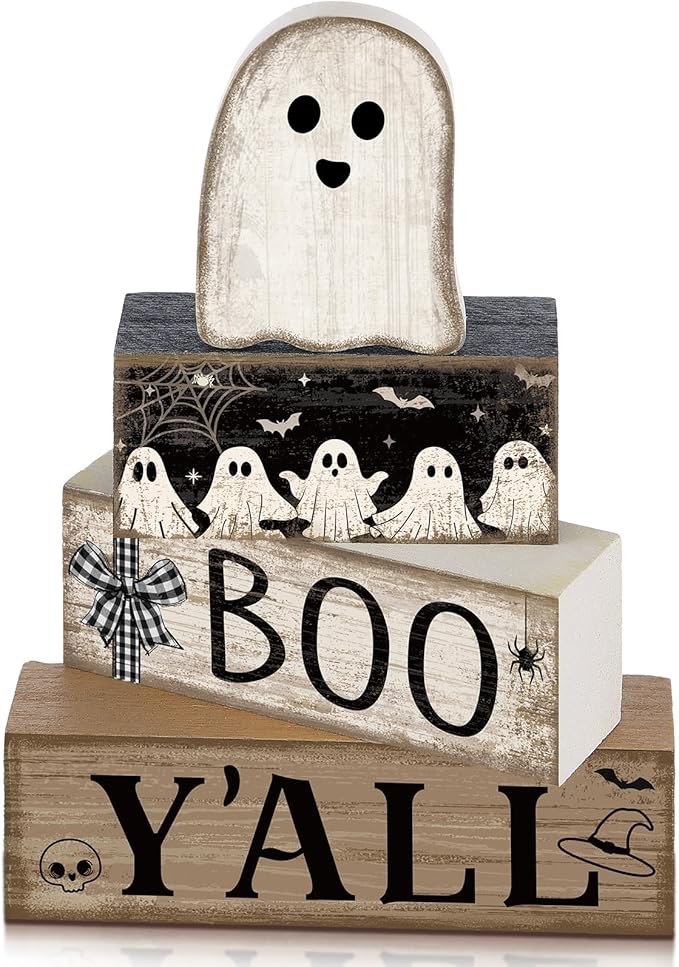 Lineshading 4 Pcs Halloween Table Decoration Wooden Ghost Tiered Tray Decoration Rustic Wood Ghost Block Signs Gift Halloween Centerpiece Farmhouse for Home Tabletop Kitchen Shelf