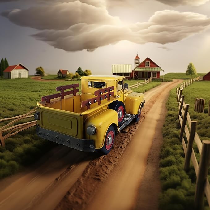 Vintage Farmhouse Yellow Truck Pickup Truck Rustic Metal Home Decor Collectible Vehicle Car Model Home Table Desktop Tabletop Gift Decoration