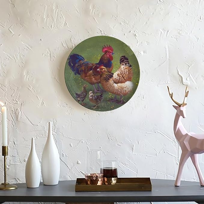 Rooster Decorative Ceramic Plates, 10 Inch, Rooster Chicks Hang Out on The Lawn Round Display Plate, Home Wobble-Plate with Display Stand, for Wall Hanging Living Room Bathroom Decor Gift
