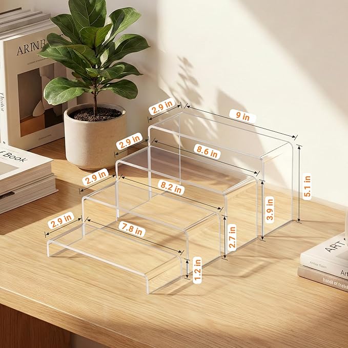 FUNFERY Acrylic Display Risers, 2 Set(7.8" L~8.2" L~8.6" L~9”L) Display Shelf for Figure, Collectibles, Cupcake, Clear Acrylic Stands for Dessert, Jewelry, Candy Showcase, 4 Tier Action Figure Stand