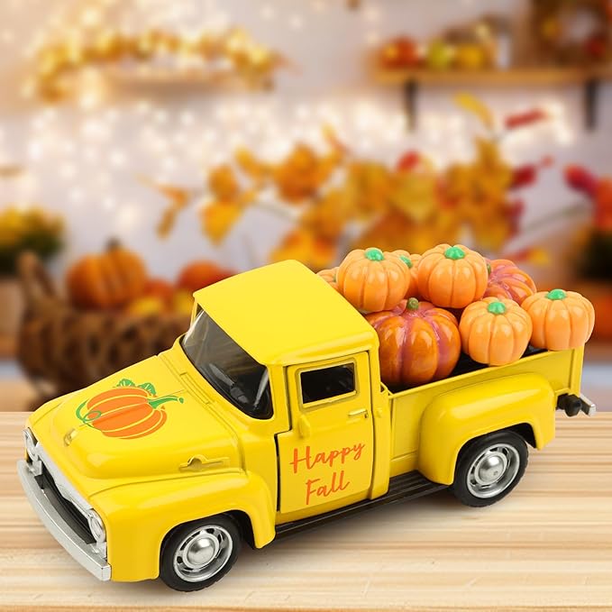 Fall Pumpkin Truck Decor Vintage Metal Truck with Pumpkins Ornament Cute Autumn Harvest Farmhouse Tabletop Tiered Tray Decoration for Thanksgiving Party Home Kitchen Office Tiered Tray Supplies