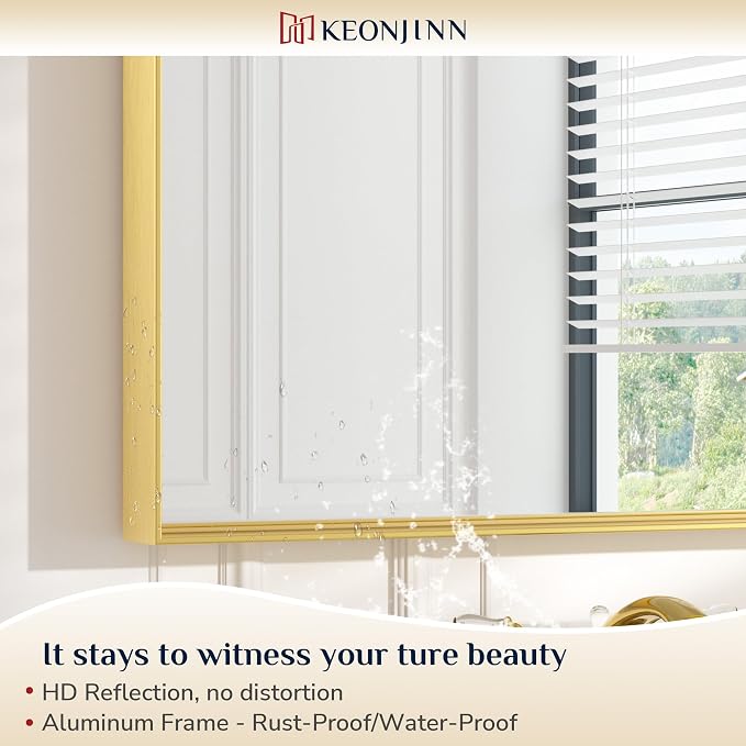 Keonjinn 30 x 36 Inch Brushed Gold Bathroom Mirror Metal Framed Rectangle Wall Gold Vanity Mirror for Bathroom Gold Rectangle Mirror for Bathroom Over Sink(Horizontal/Vertical)