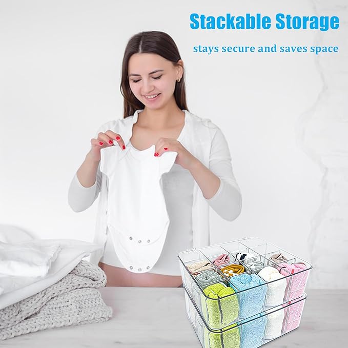 2 PCS Sock Underwear Organizer Clear Storage Containers 16 Cell Adjustable Dividers Plastic Drawer Organizer Box with Lids for Ties Bra Scarf (11.8×9.4×3.9")