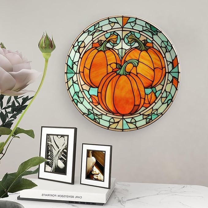 Decorative Plates, Stained Glass Watercolor Pumpkin Ceramic Dinner Plate Home Wobble-Plate with Display Stand, Autumn Wall Hanging Decor for Living Dining Room Kitchen Household 8 Inch