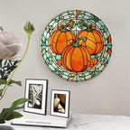 Decorative Plates, Stained Glass Watercolor Pumpkin Ceramic Dinner Plate Home Wobble-Plate with Display Stand, Autumn Wall Hanging Decor for Living Dining Room Kitchen Household 8 Inch