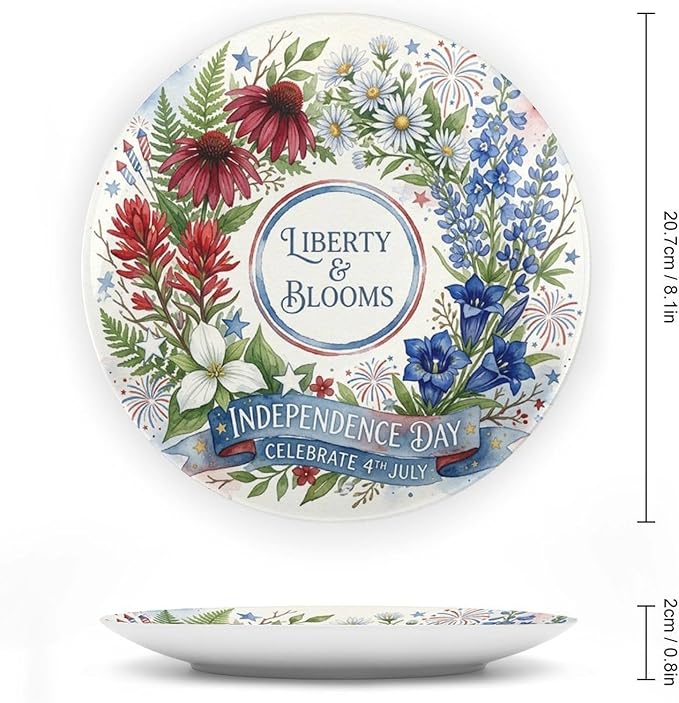 250th Anniversary Decorative Plates 8 Inch Patriotic Decorations Floral Plates with Stand 4th of July Independence Day Veterans Day Home & Office Decor
