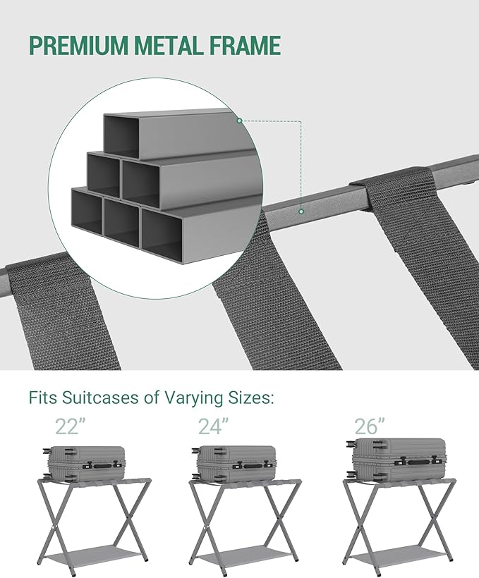 Luggage Rack, Folding Suitcase Stand for Guest, Foldable, Luggage Holders with Shelf, Steel Frame with Nylon Straps for Bedroom, Hotel, Holds up to 154 lb, Grey, 2 Pack LR03999G