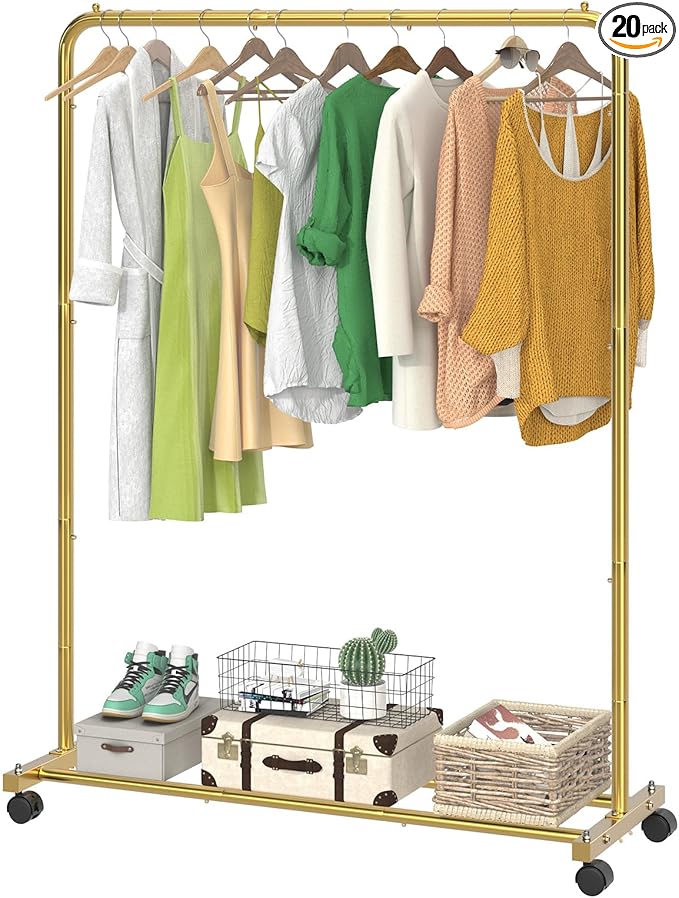 Simple Trending Standard Clothes Clothing Garment Rack with Storage Shelves, Rolling Clothes Organizer on Wheels for Hanging Clothes, Gold