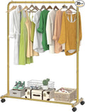 Simple Trending Standard Clothes Clothing Garment Rack with Storage Shelves, Rolling Clothes Organizer on Wheels for Hanging Clothes, Gold