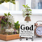Inspirational Christian Desk Decor, God Is Still Wrting Your Story Sign, Desk Decorations For Office Home Living Room Bathroom, Eucalyptus Shelf Decor, Wooden Plaque With Stand (C12)