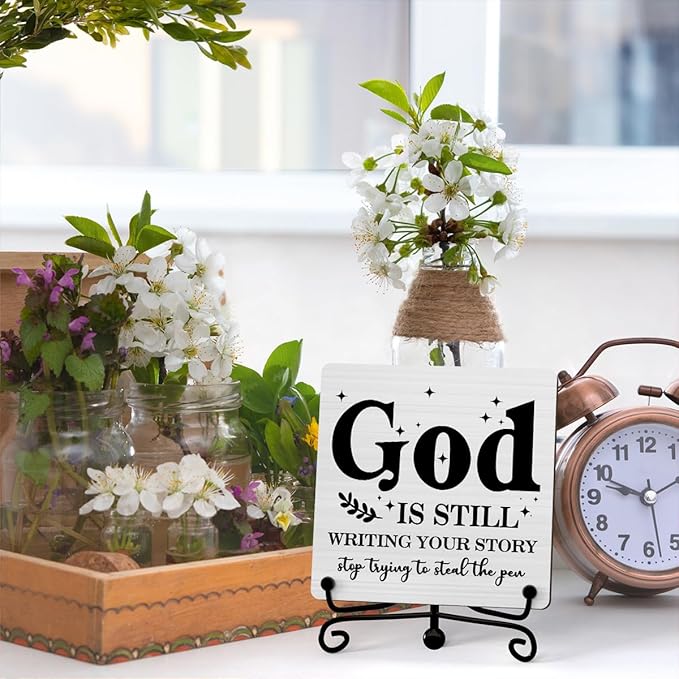Inspirational Christian Desk Decor, God Is Still Wrting Your Story Sign, Desk Decorations For Office Home Living Room Bathroom, Eucalyptus Shelf Decor, Wooden Plaque With Stand (C12)