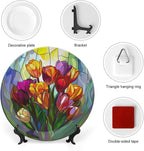 Stained Glass Theme Decorative Ceramic Plate Round Porcelain Plate,7 inch,Tulip Pattern,for Decorative Ornaments Giving Plates, 1 Plate with 1 Display Stand,Multicolor