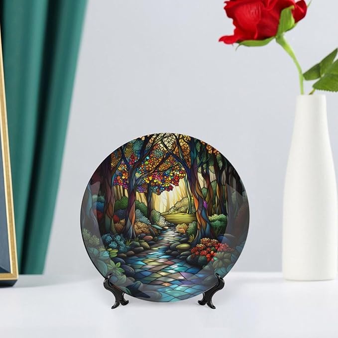 Stained Glass Theme Decorative Ceramic Plate Round Porcelain Plate,10 inch,Sunrise Forest Stream Pattern,for Decorative Ornaments Giving Plates, 1 Plate with 1 Display Stand,Green Gold