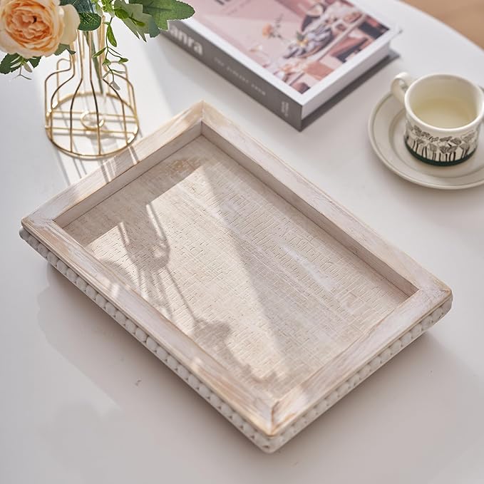 Decorative Coffee Table Tray, 13.5 x 9.7 Inch White Washed Wooden Beaded Tray with Removable Legs, Rustic Farmhouse Rectangular Tray for Coffee Table, Kitchen Counter and Vanity Decor