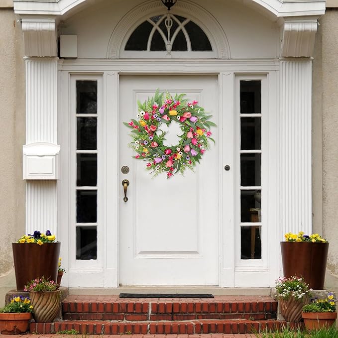 Spring Summer Wreaths for Front Door,22 Inch Artificial Tulip Wreath with Wildflowers,Eucalyptus Leaves for Indoor Outdoor Wall Porch Festival Farmhouse Home Holiday Decor.
