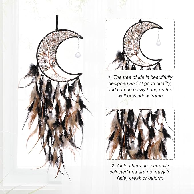 PATIKIL Crystal Life of Tree Dream Catchers, 28 Inch Feather Handmade Moon Dream Catchers with Gemstone Agate Stone Wall Hangings Decor for Home Wedding Bedroom Living Room, Black Yellow