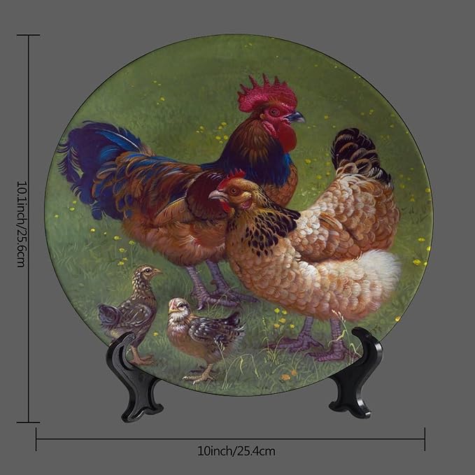 Rooster Decorative Ceramic Plates, 10 Inch, Rooster Chicks Hang Out on The Lawn Round Display Plate, Home Wobble-Plate with Display Stand, for Wall Hanging Living Room Bathroom Decor Gift