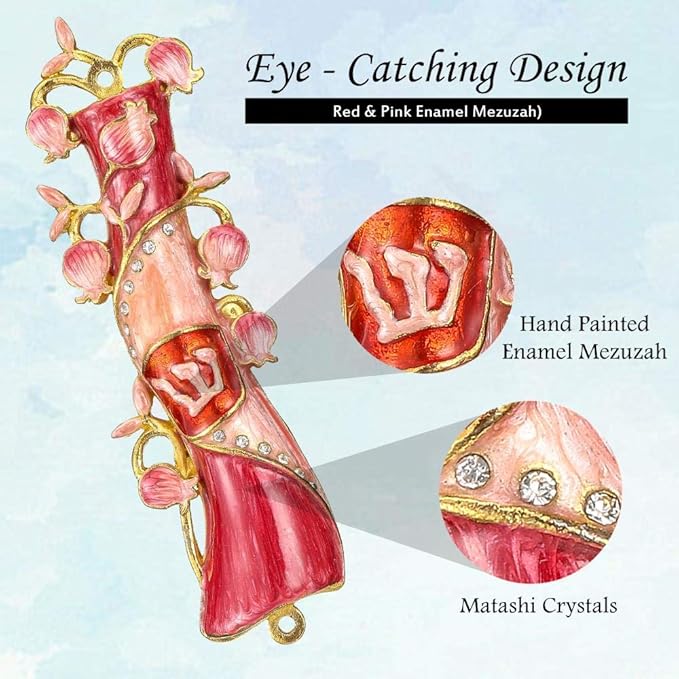 Matashi Hand Painted Mezuzah Gold Plated and Crystals (Red & Pink Enamel Mezuzah)