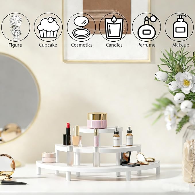 3-Tier Wooden Display Risers, Rustic Cupcake Stand, Perfume Organizer, Dessert Table Display Set for Party & Home Decor (White)