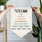 Who God Says I Am Wall Hanging Banner,Christian Bible Verse Canvas Poster, Bible Wall Art for Women, Teens, or Kids, Faith-Based Decor with Wooden Rod, 11x16 Inch(KD14)