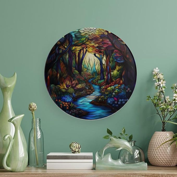 Stained Glass Theme Decorative Ceramic Plate Round Porcelain Plate,8 inch,Sunrise Forest Stream Pattern,for Decorative Ornaments Giving Plates, 1 Plate with 1 Display Stand,Multicolor