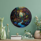 Stained Glass Theme Decorative Ceramic Plate Round Porcelain Plate,10 inch,Sunrise Forest Stream Pattern,for Decorative Ornaments Giving Plates, 1 Plate with 1 Display Stand,Multicolor