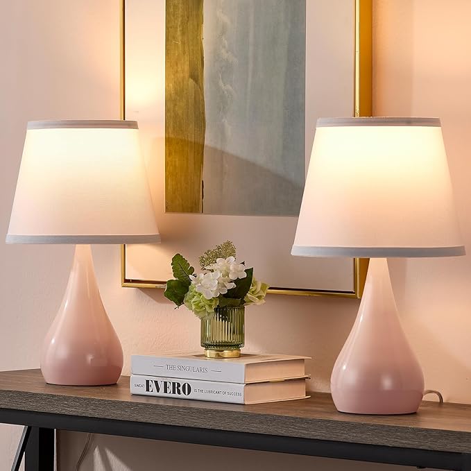 17.3'' Modern Dimmable Touch Lamps for Nightstand 2pcs, Table Lamps for Living Room, Reading Cute Lamp for Office, Bedside Lamps with Iron Base, Small Lamp for Bedroom, Pink Lamp, Bulb Included